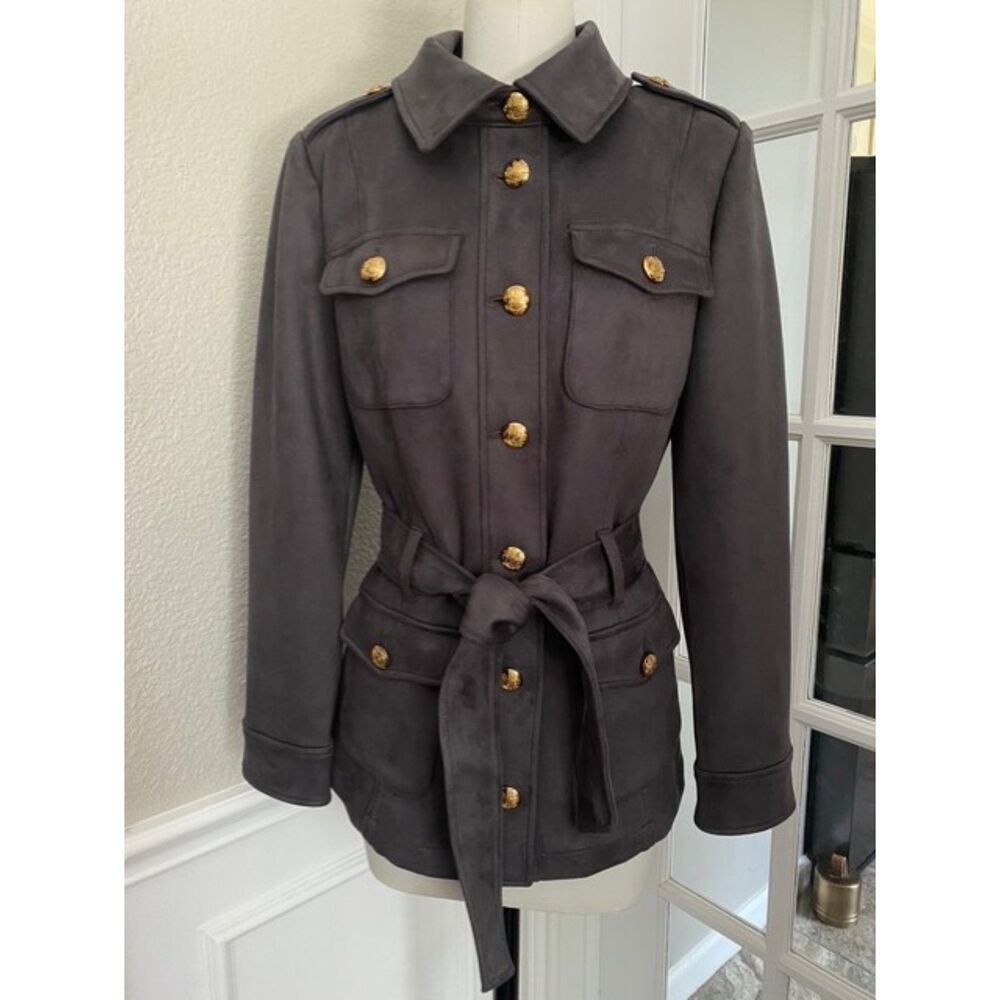 NWT $195 White House Black Market Grey Ultra Suede Belted Safari Jacket M - Picture 4 of 7